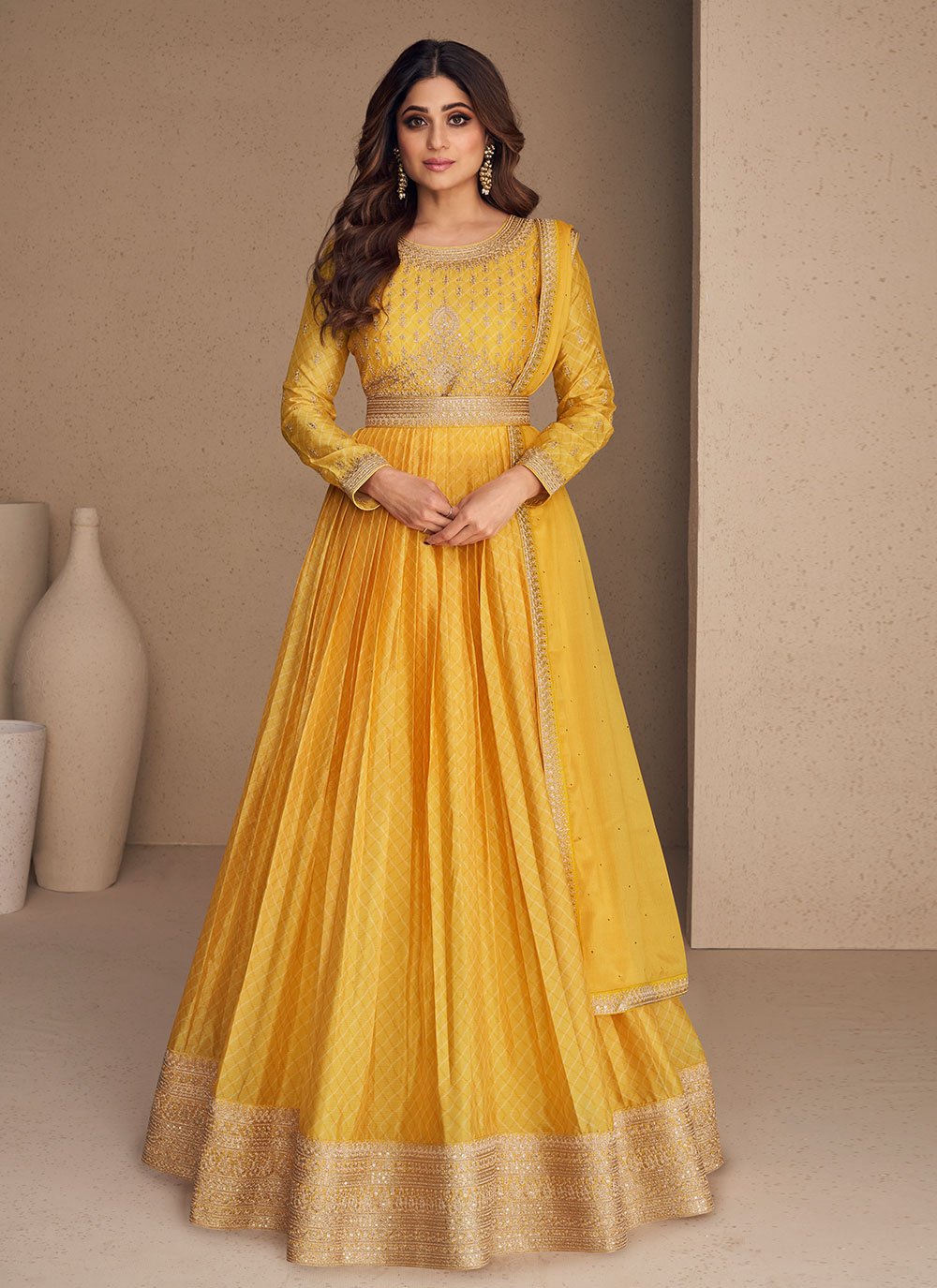 Designer Gown Chinon Silk Yellow Embroidered Gown