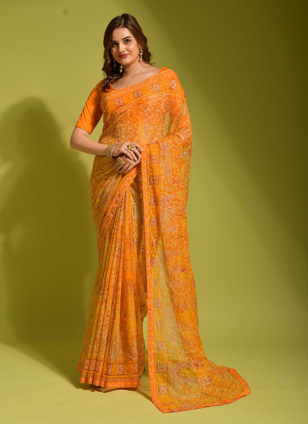 Classic Georgette Yellow Digital Print Saree