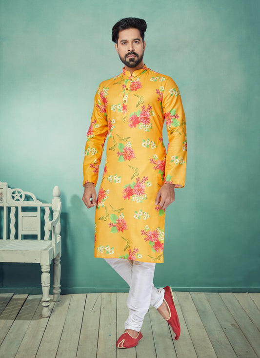 Kurta Pyjama Cotton Yellow Digital Print Mens