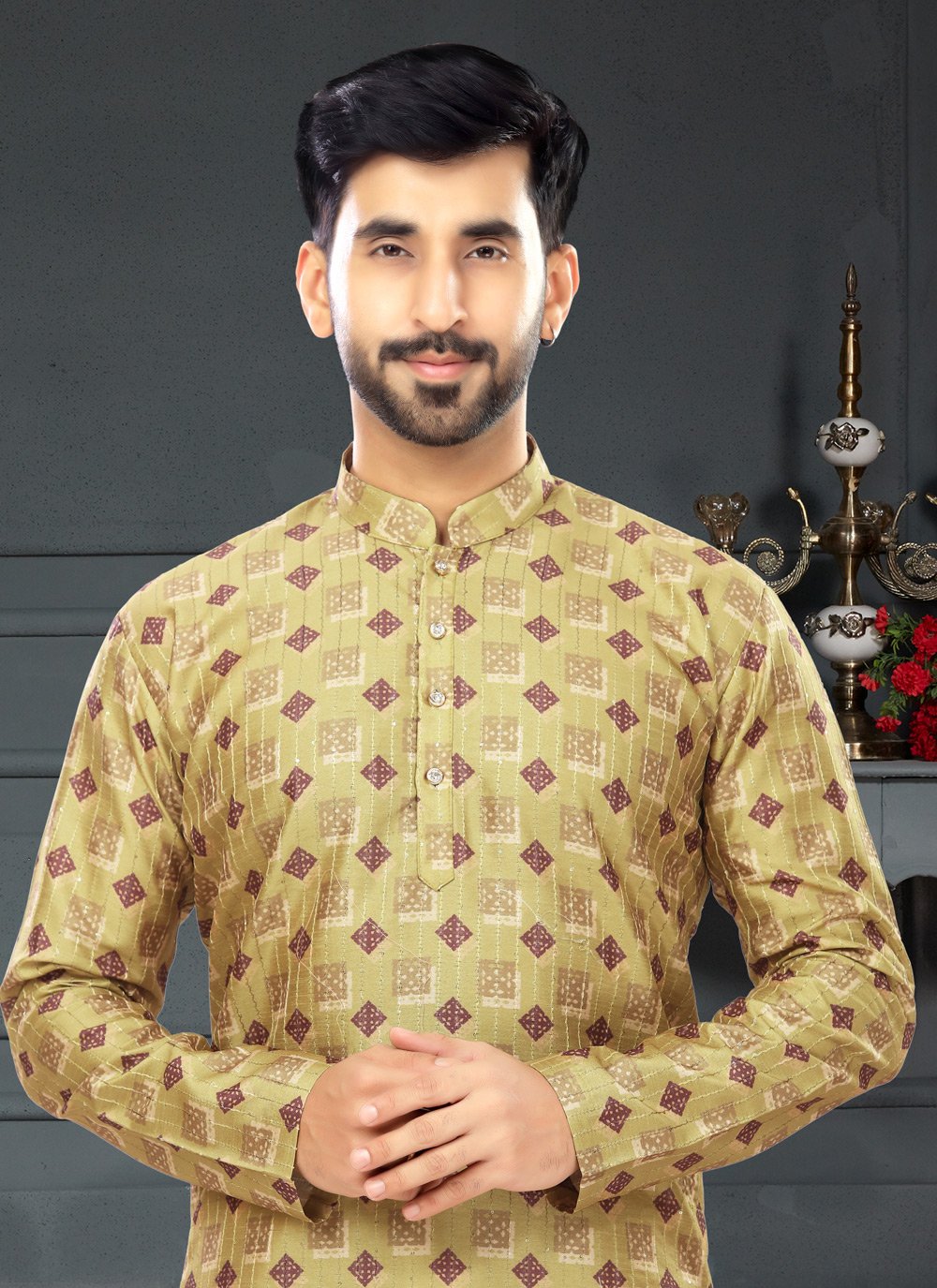 Kurta Pyjama Silk Yellow Digital Print Mens