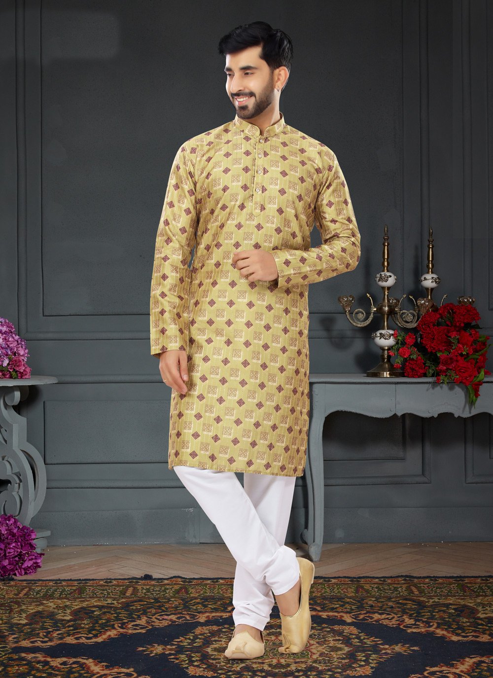 Kurta Pyjama Silk Yellow Digital Print Mens