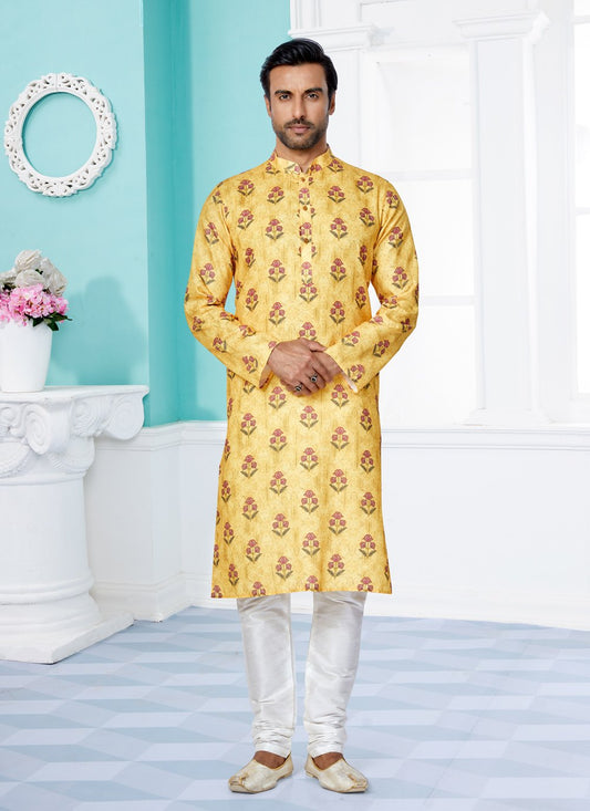 Kurta Pyjama Cotton Yellow Digital Print Mens