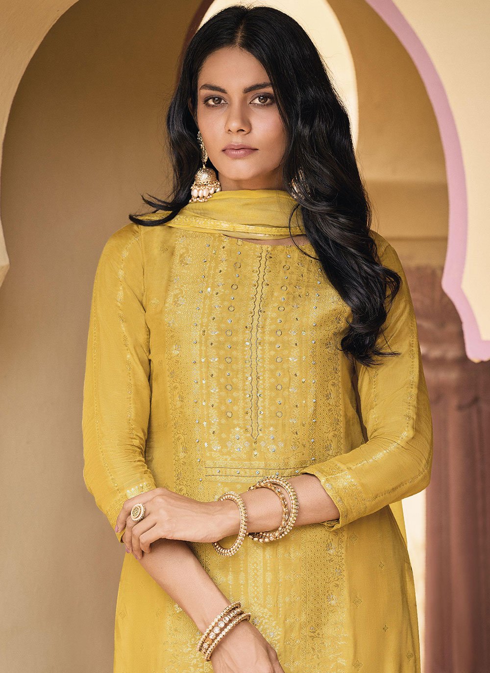 Salwar Suit Silk Yellow Digital Print Salwar Kameez