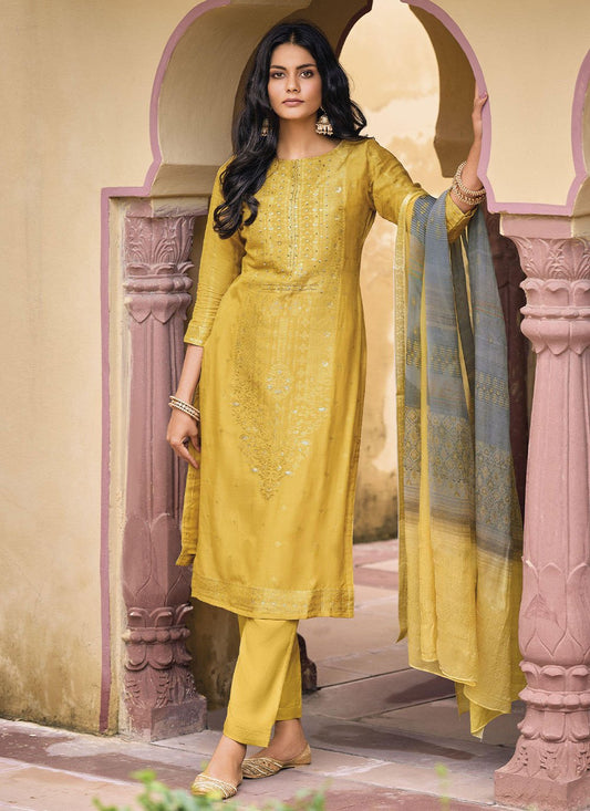 Salwar Suit Silk Yellow Digital Print Salwar Kameez