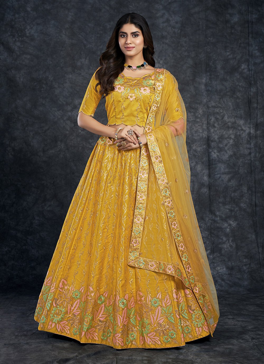 A Line Lehenga Silk Yellow Dimond Lehenga Choli