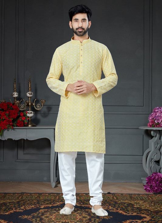 Kurta Pyjama Art Silk Cotton Yellow Embroidered Mens