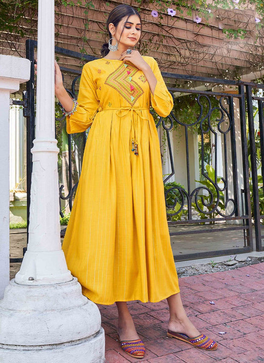 Casual Kurti Rayon Yellow Embroidered Kurtis