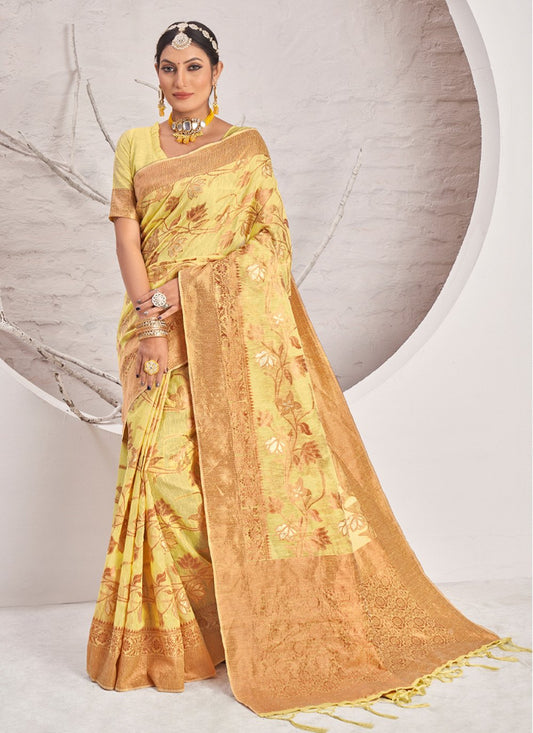 Designer Cotton Yellow Embroidered Saree