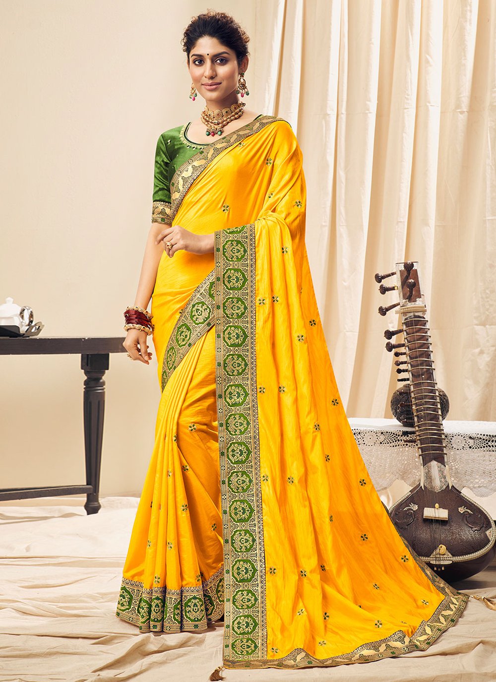 Contemporary Silk Yellow Embroidered Saree