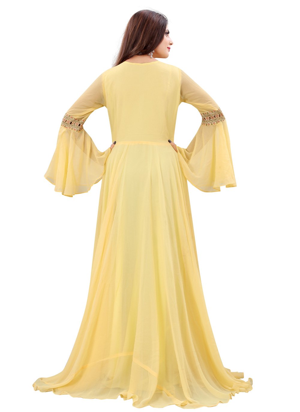 Designer Gown Georgette Yellow Embroidered Gown