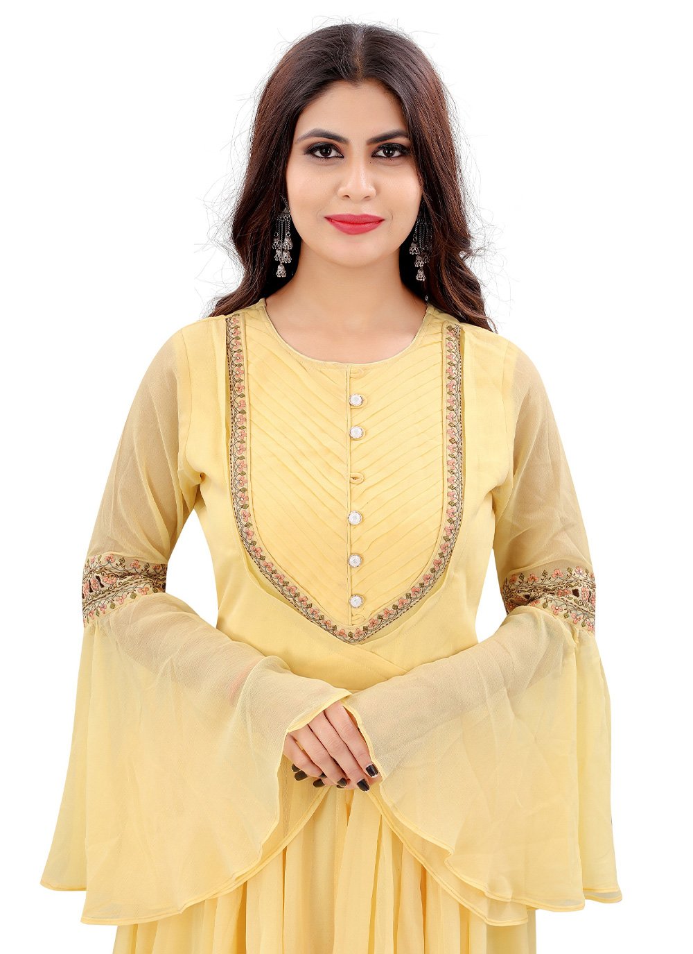 Designer Gown Georgette Yellow Embroidered Gown