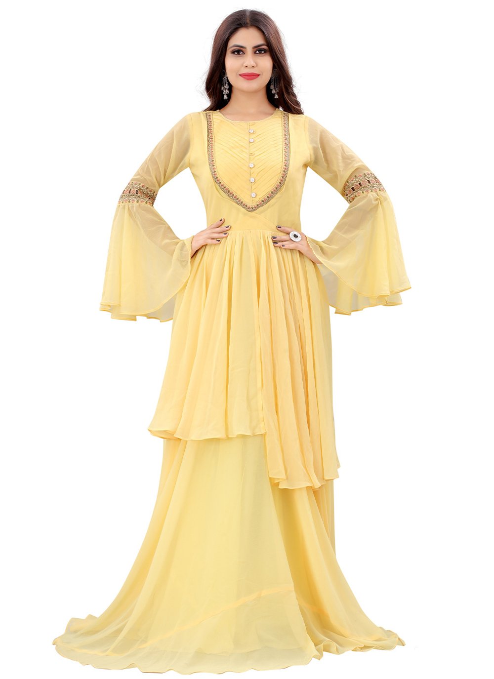 Designer Gown Georgette Yellow Embroidered Gown