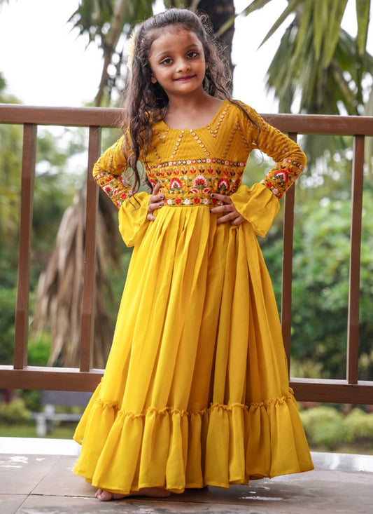 Gown Faux Georgette Yellow Embroidered Kids