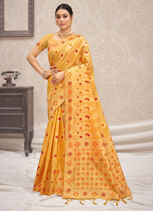 Designer Cotton Silk Yellow Embroidered Saree