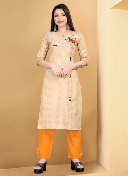 Party Wear Kurti Cotton Yellow Embroidered Kurtis