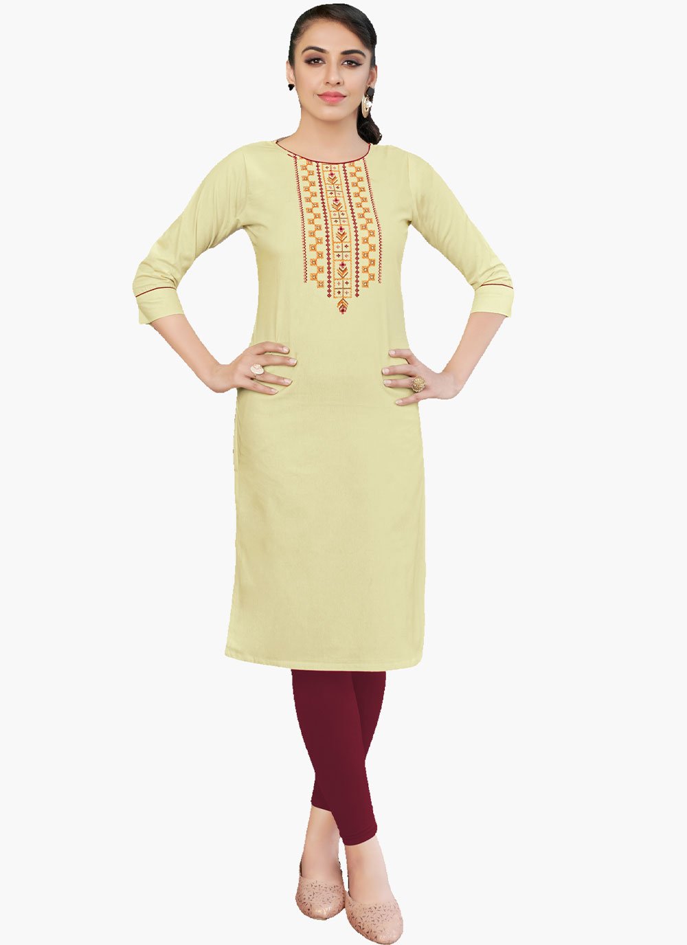 Designer Kurti Cotton Yellow Embroidered Kurtis