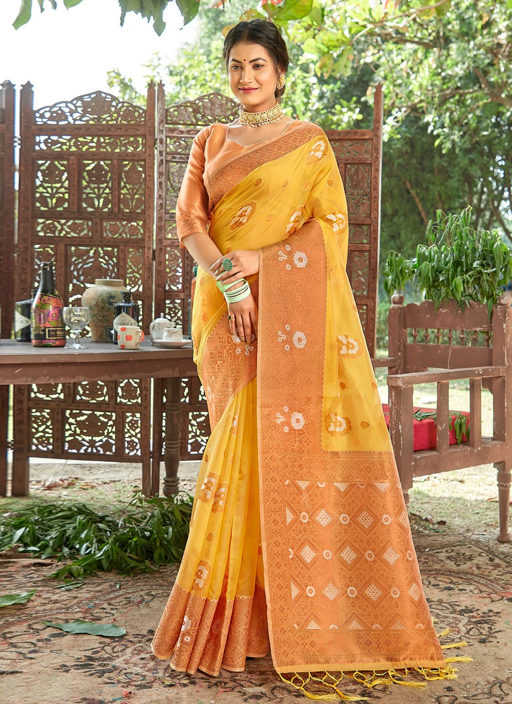 Traditional Saree Organza Yellow Embroidered Saree