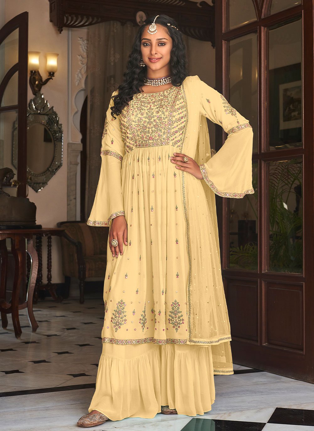 Salwar Suit Faux Georgette Yellow Embroidered Salwar Kameez