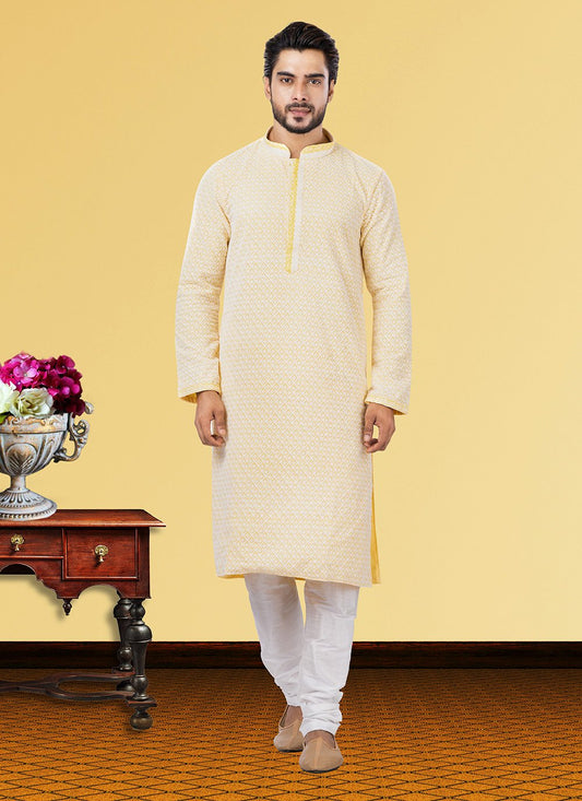 Kurta Pyjama Georgette Yellow Embroidered Mens