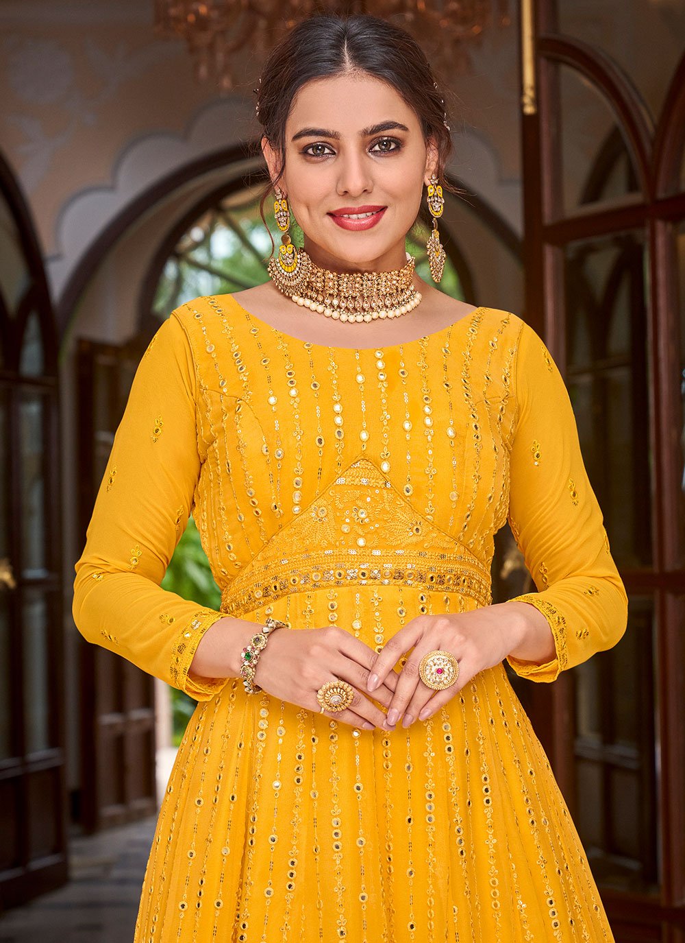 Salwar Suit Georgette Yellow Embroidered Salwar Kameez