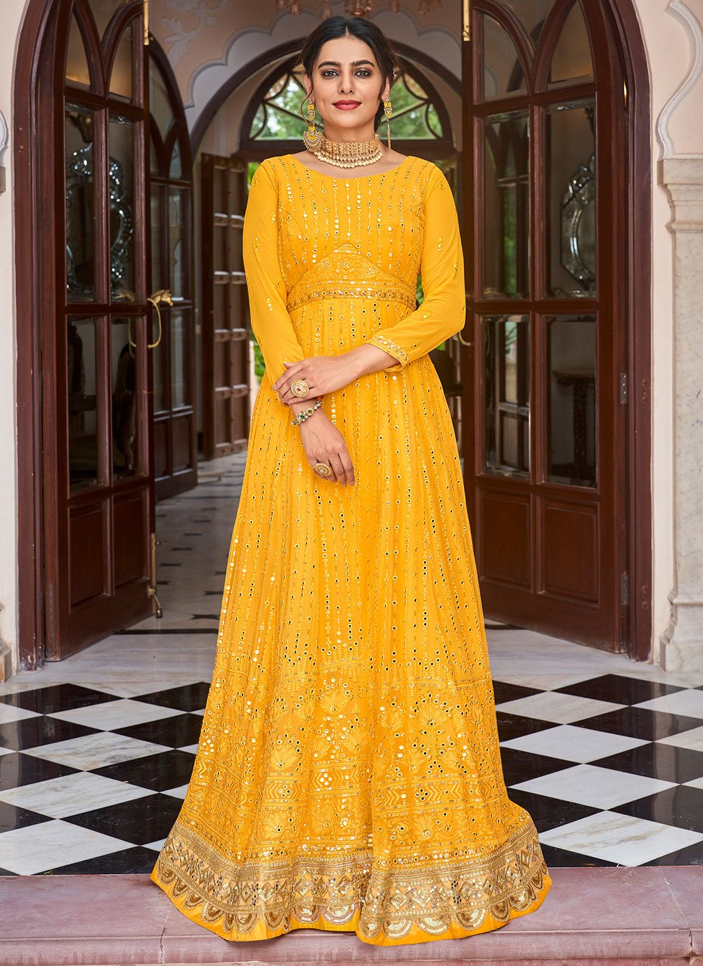 Salwar Suit Georgette Yellow Embroidered Salwar Kameez