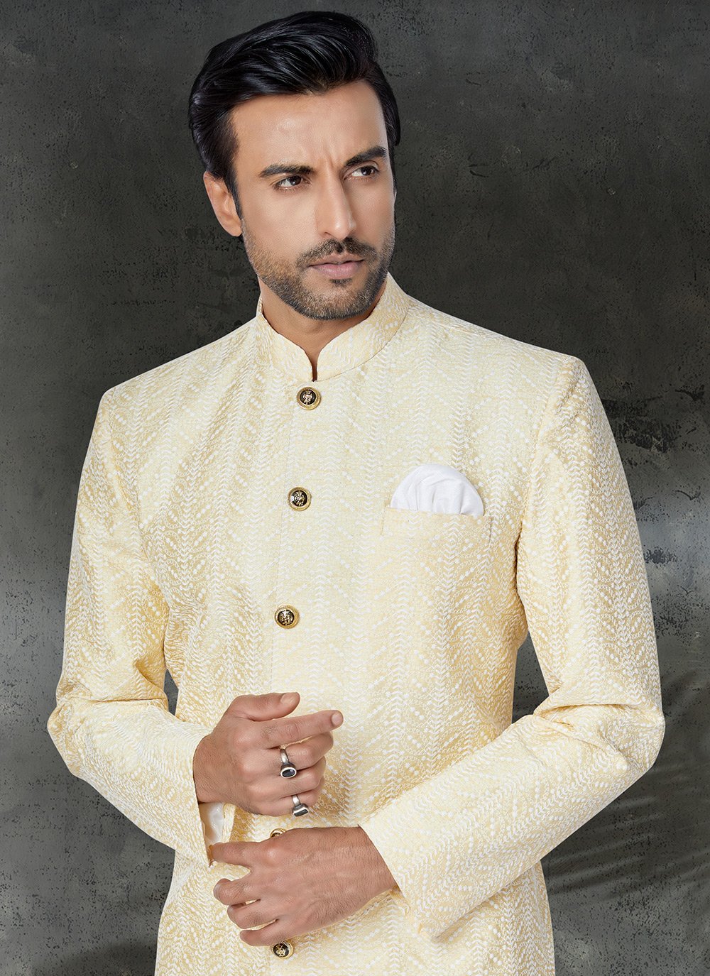 Kurta Pyjama Silk Yellow Embroidered Mens