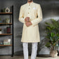 Kurta Pyjama Silk Yellow Embroidered Mens