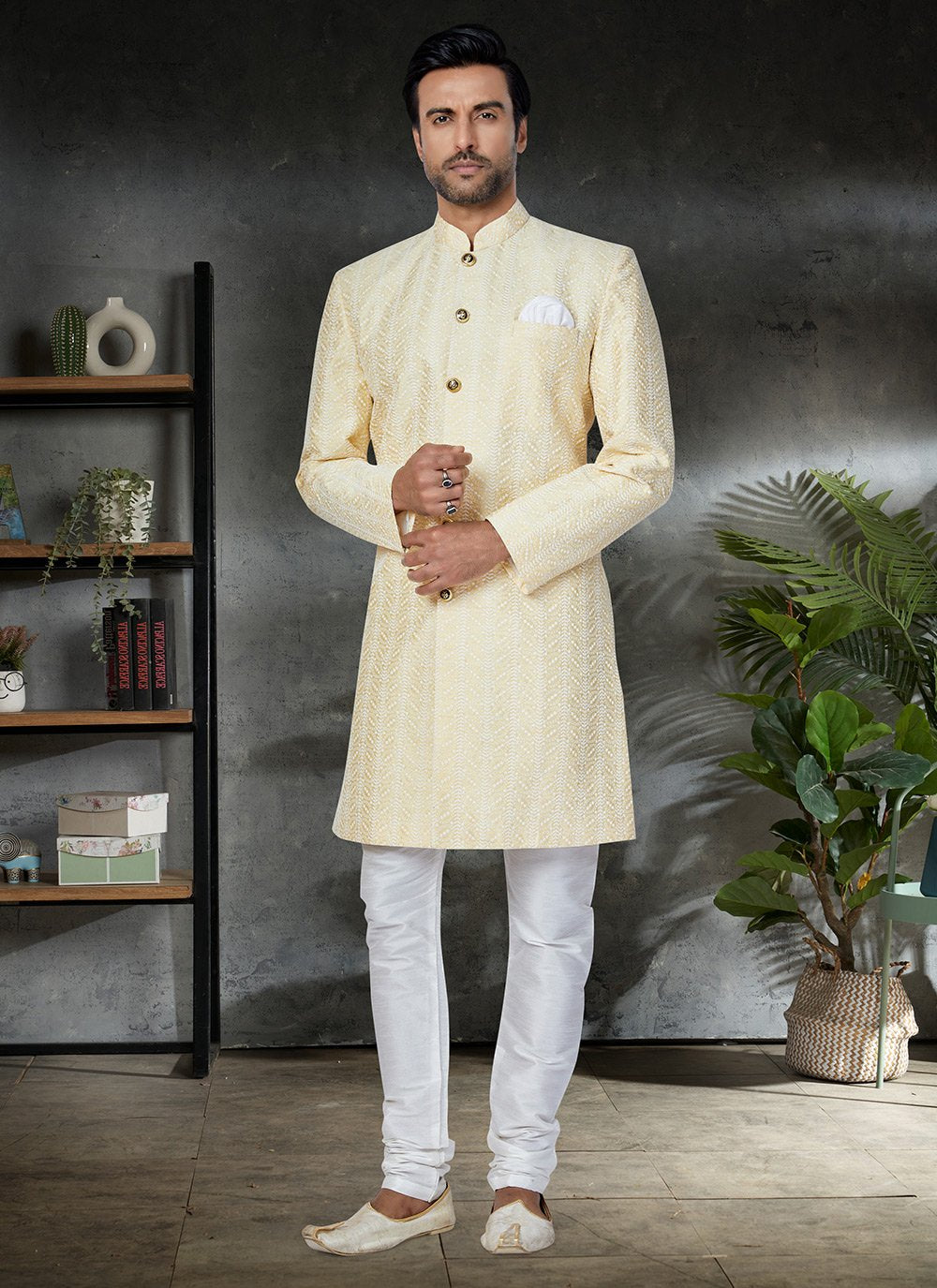 Kurta Pyjama Silk Yellow Embroidered Mens