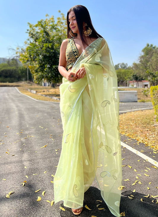 Contemporary Net Yellow Embroidered Saree