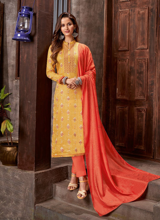 Pant Style Suit Cotton Satin Yellow Embroidered Salwar Kameez