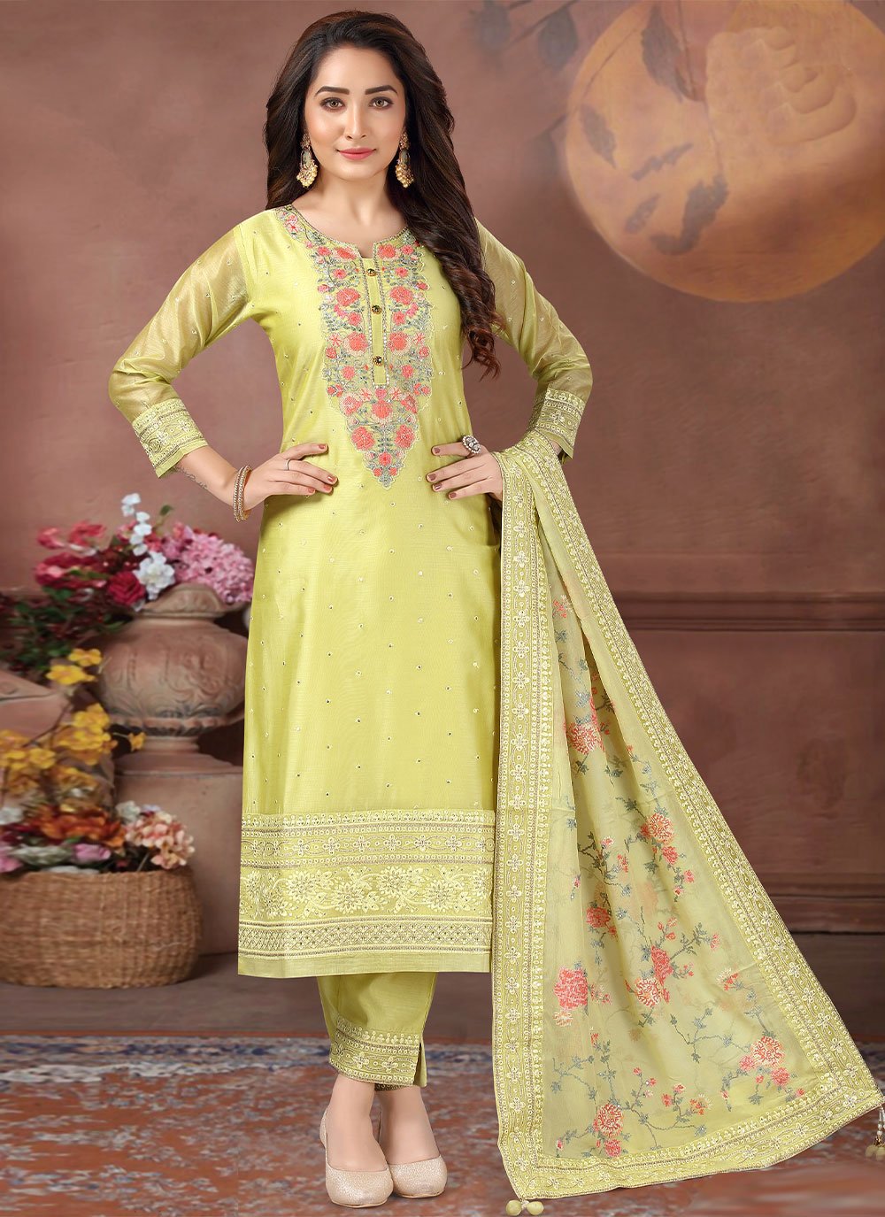 Pant Style Suit Silk Yellow Embroidered Salwar Kameez