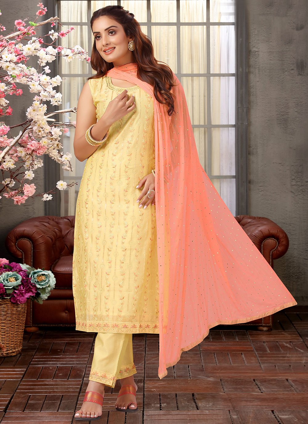 Salwar Suit Silk Yellow Embroidered Salwar Kameez