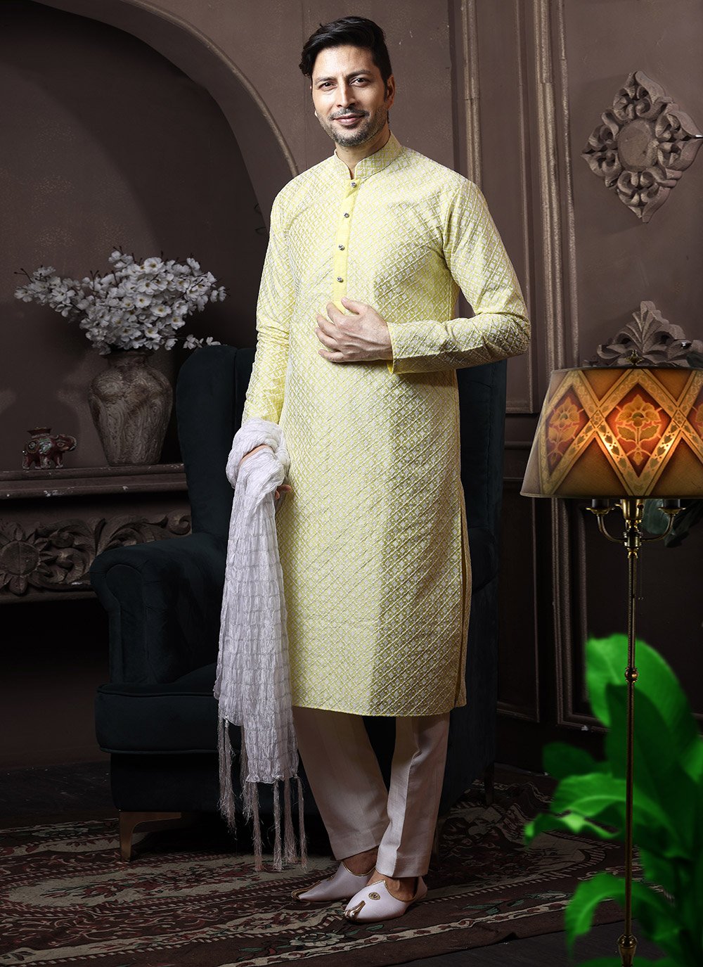 Kurta Pyjama Lucknowi Silk Yellow Embroidered Mens