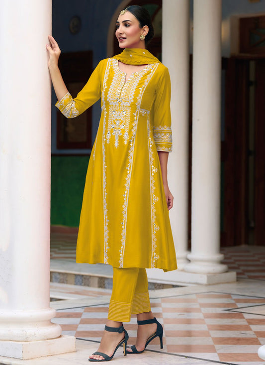 Pant Style Suit Silk Yellow Embroidered Salwar Kameez