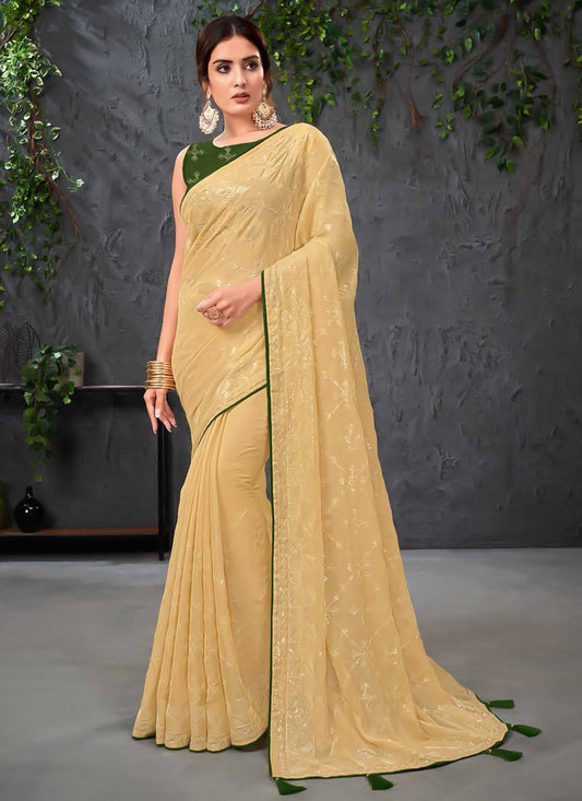 Trendy Saree Chiffon Yellow Embroidered Saree