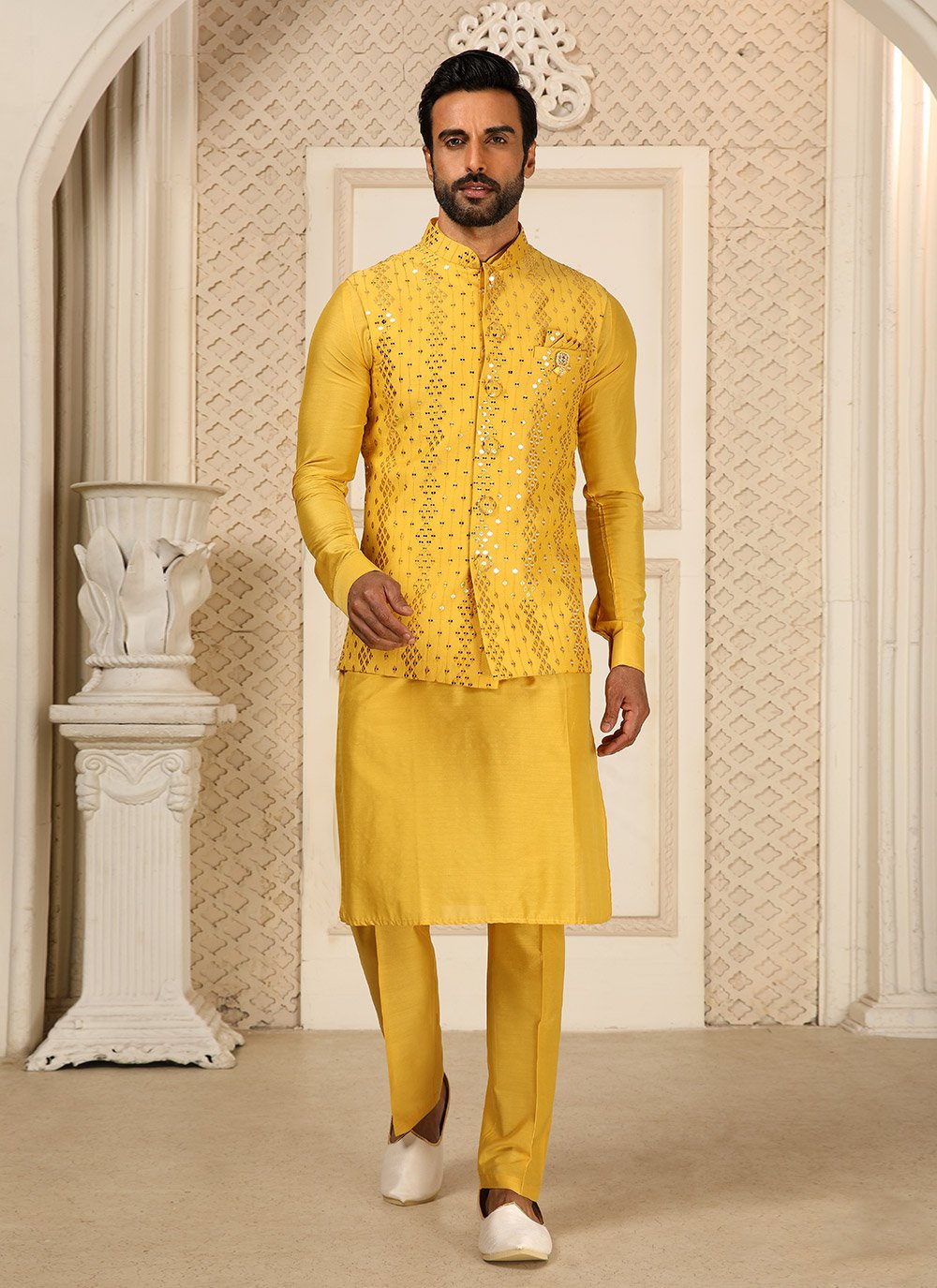 Kurta Payjama With Jacket Art Silk Yellow Embroidered Mens