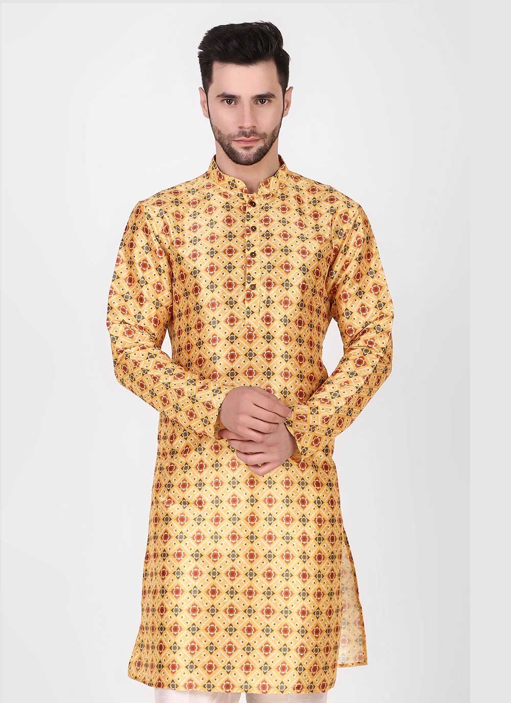 Kurta Pyjama Art Silk Yellow Print Mens