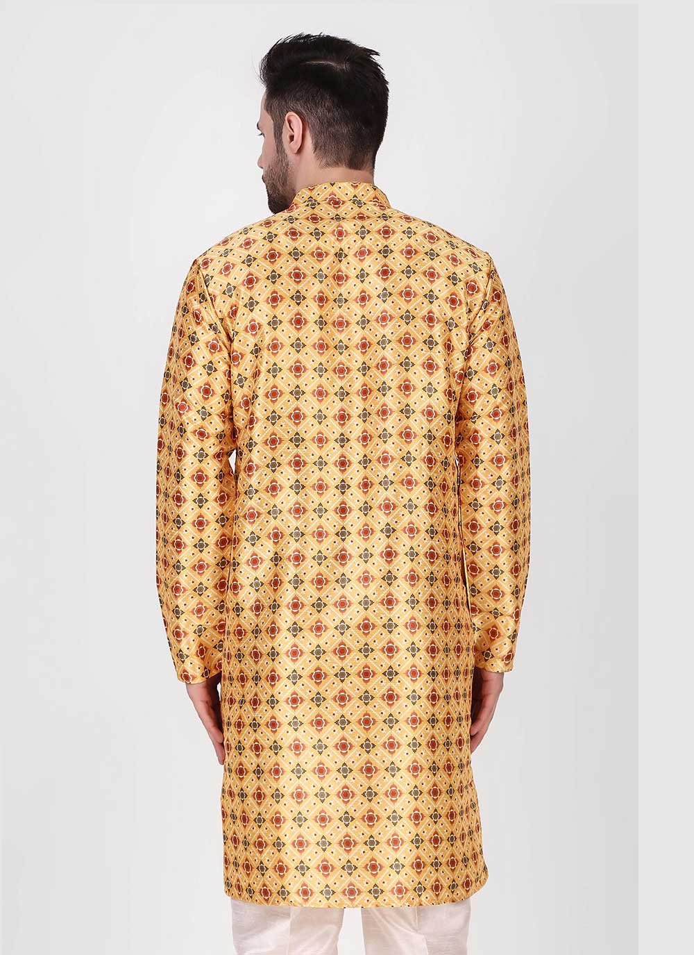 Kurta Pyjama Art Silk Yellow Print Mens