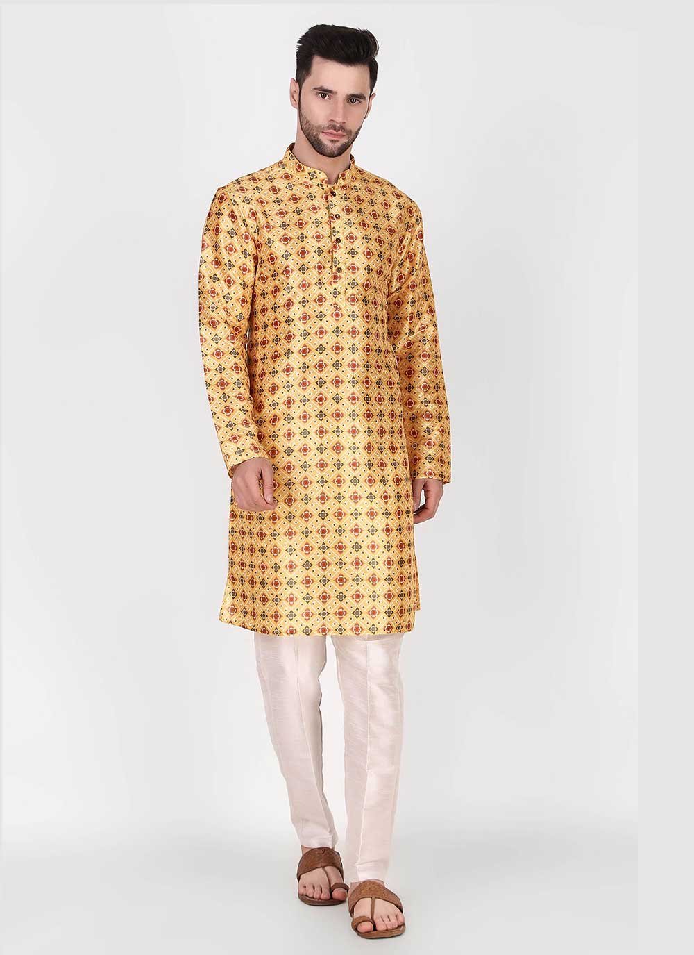 Kurta Pyjama Art Silk Yellow Print Mens