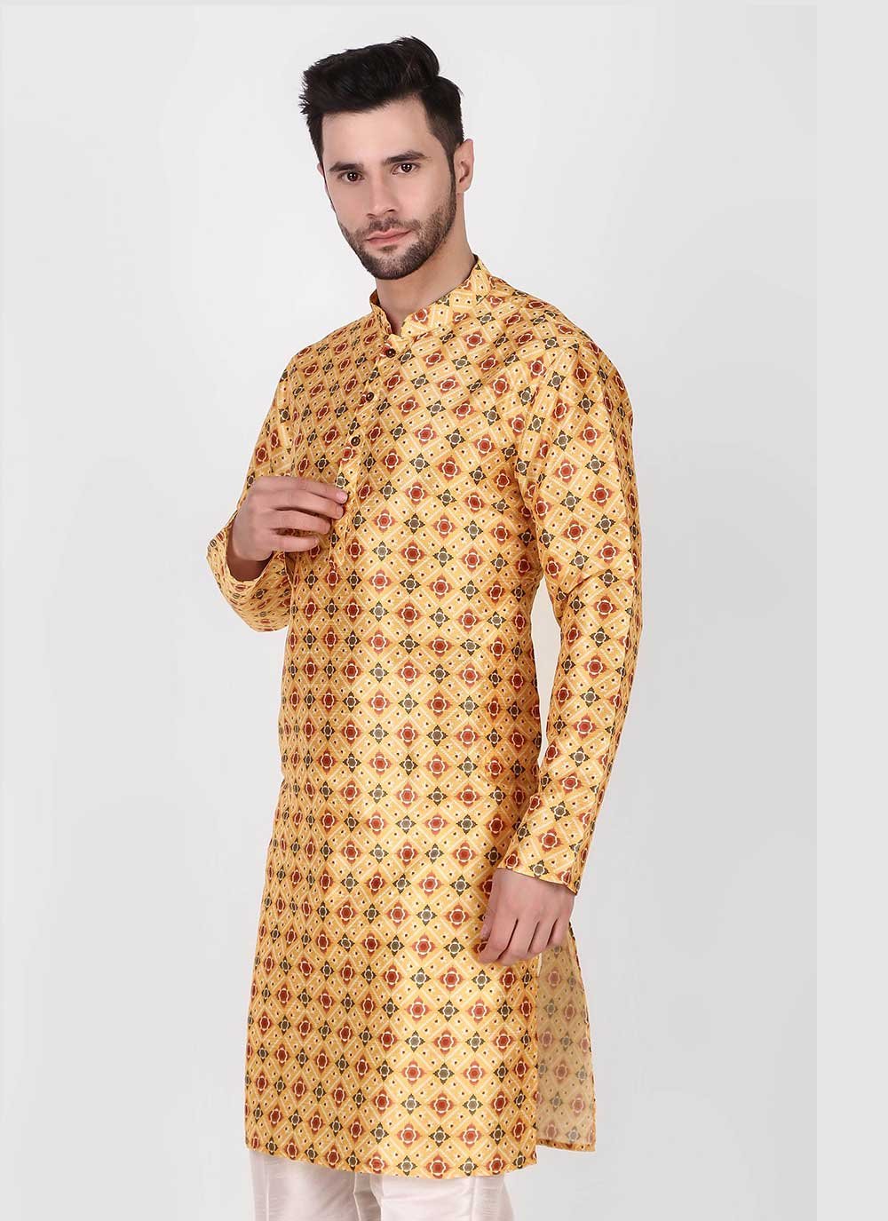 Kurta Pyjama Art Silk Yellow Print Mens