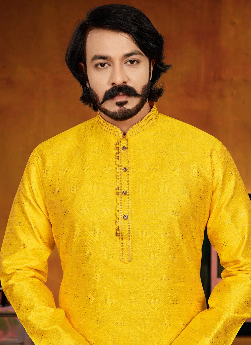 Kurta Pyjama Jacquard Yellow Fancy Work Mens