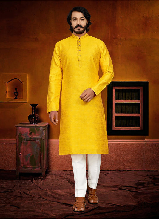 Kurta Pyjama Jacquard Yellow Fancy Work Mens