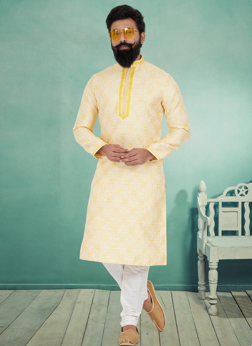 Kurta Pyjama Jacquard Silk Yellow Jacquard Work Mens