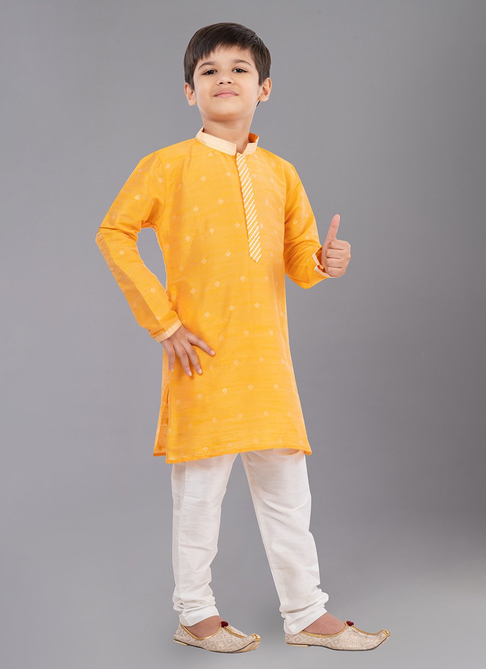 Kurta Pyjama Dupion Silk Jacquard Yellow Fancy Work Kids