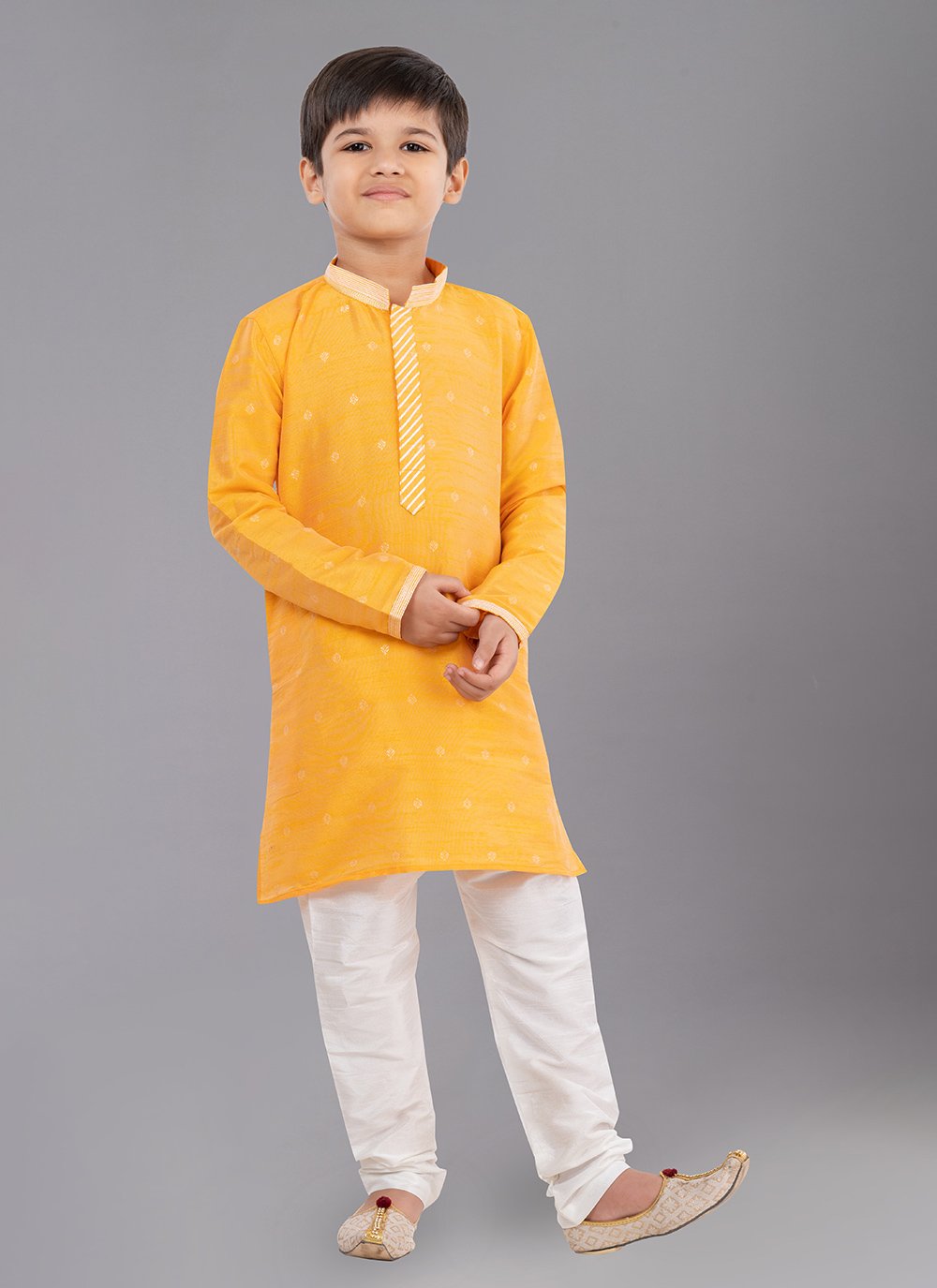 Kurta Pyjama Dupion Silk Jacquard Yellow Fancy Work Kids