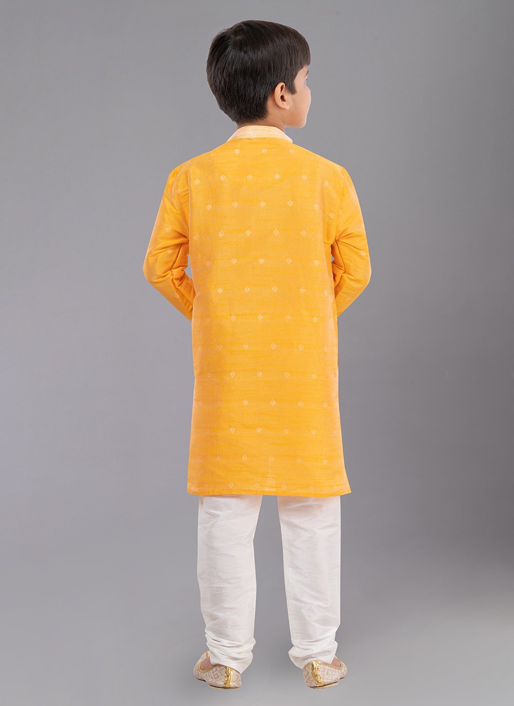 Kurta Pyjama Dupion Silk Jacquard Yellow Fancy Work Kids