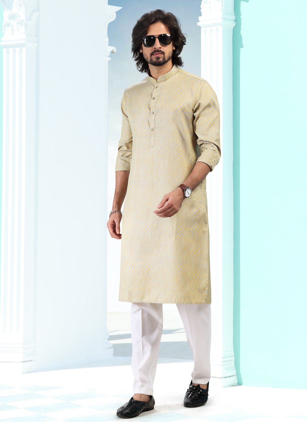 Kurta Pyjama Silk Yellow Fancy Work Mens