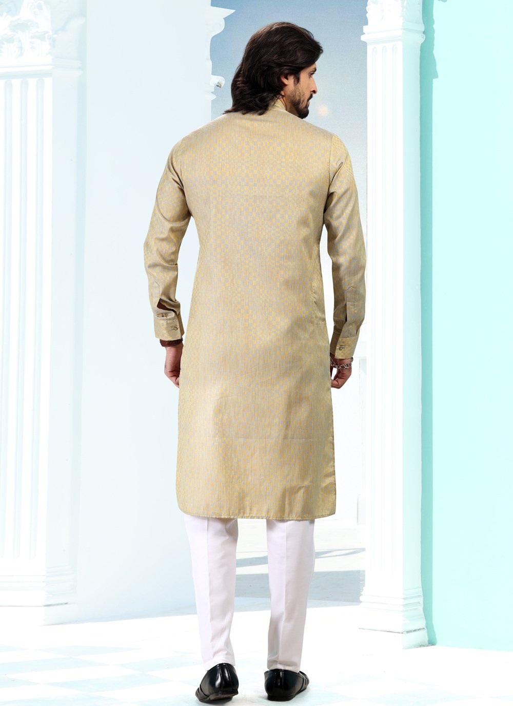 Kurta Pyjama Silk Yellow Fancy Work Mens