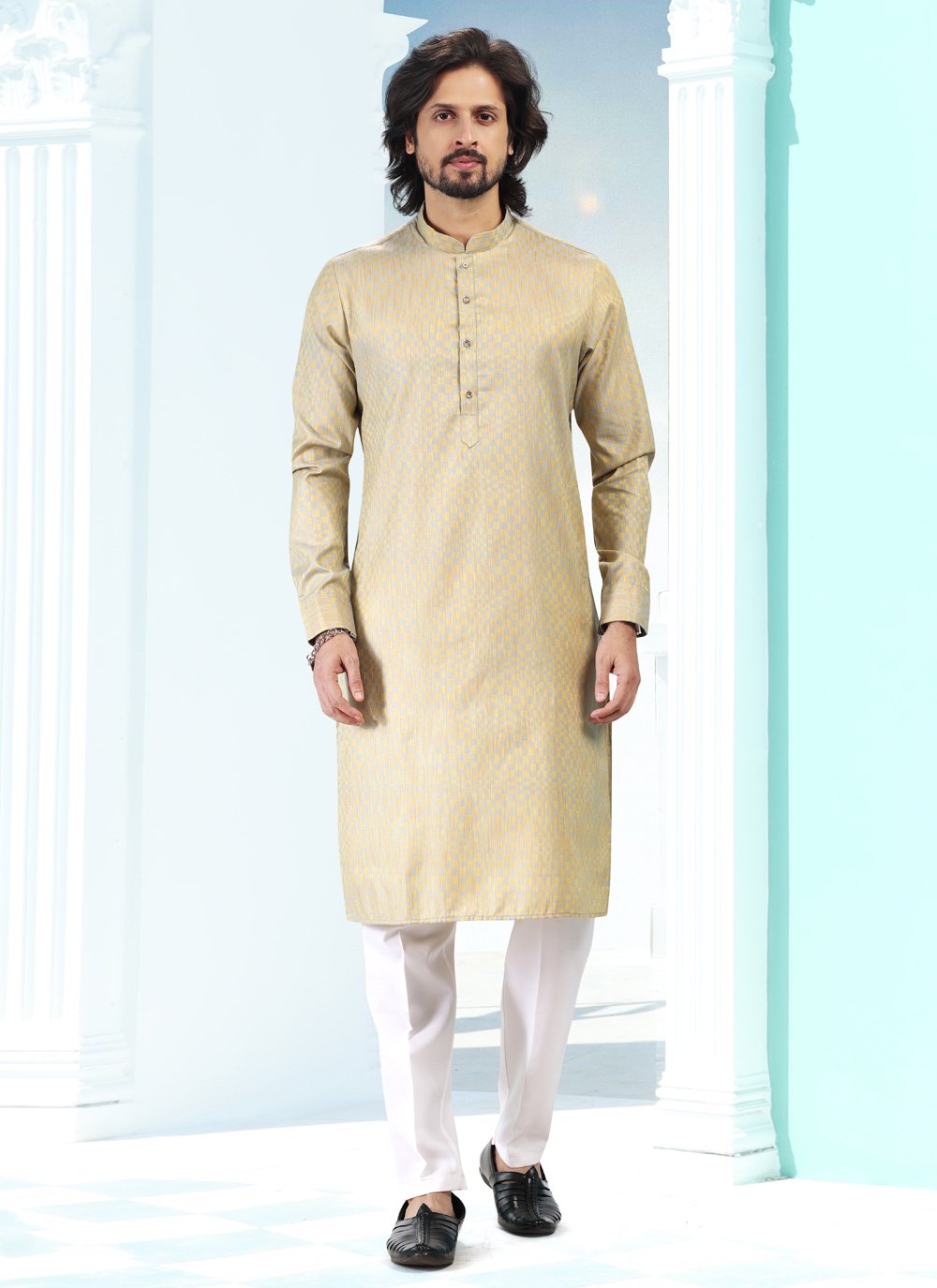 Kurta Pyjama Silk Yellow Fancy Work Mens