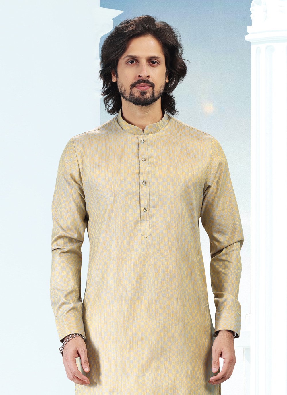 Kurta Pyjama Silk Yellow Fancy Work Mens